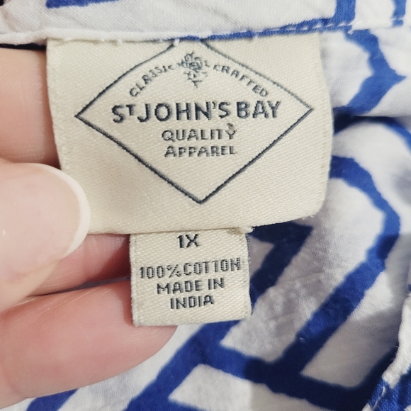 St. John’s Bay 1X Blue White Chevron Print Cotton Tunic Blouse Tie Sleeve Boho - Picture 12 of 13